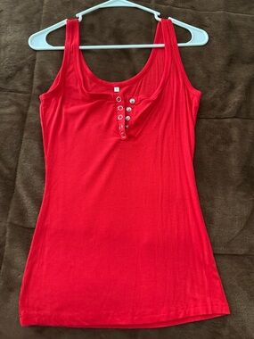 Amazon Red Ribbed Tank Top with Snap-Button Placket